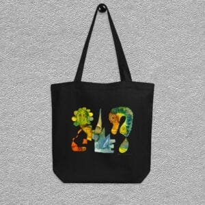 Organic certified cotton totebag, small size, colour black, open main compartment, wide dual straps, design aquarelle painting by Marijke Ali, t-fins