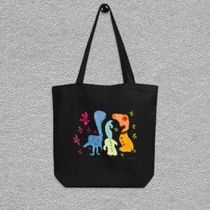 Black Organic certified cotton totebag, abstract happy chappies aquarelle painting by Marijke Ali, T-fins