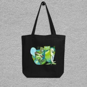 Black Organic certified cotton totebag, abstract green/blue sea animal aquarelle painting by Marijke Ali, T-fins