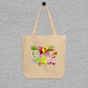 Oyster Organic certified cotton totebag, abstract intertwined characters aquarelle painting by Marijke Ali, T-fins