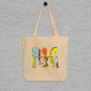 Oyster Organic certified cotton totebag, abstract characters aquarelle painting by Marijke Ali, T-fins