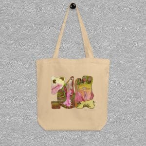 Oyster Organic certified cotton totebag, abstract pink/green characters aquarelle painting by Marijke Ali, T-fins