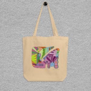 OysterOrganic certified cotton totebag, abstract pink/green crocodile like aquarelle painting by Marijke Ali, T-fins