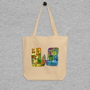 Oyster Organic certified cotton totebag, abstract orange/blue aquarelle painting by Marijke Ali, T-fins