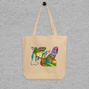 Oyster Organic certified cotton totebag, duck like aquarelle painting by Marijke Ali, T-fins