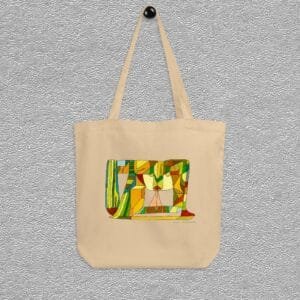 Organic certified cotton totebag, small size, colour oyster, open main compartment, wide dual straps, design aquarelle painting by Marijke Ali, t-fins