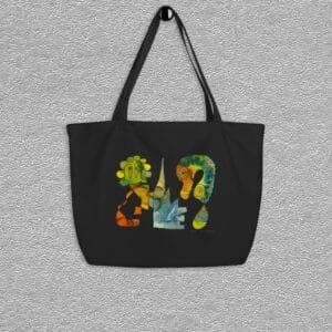 Black Organic certified cotton totebag, abstract seahorse characters aquarelle painting by Marijke Ali, T-fins