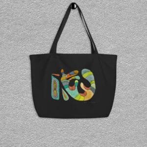 Organic certified cotton totebag, large size, colour black, open main compartment, wide dual straps, design aquarelle painting by Marijke Ali, t-fins