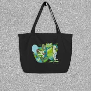 Organic certified cotton totebag, large size, colour black, open main compartment, wide dual straps, design aquarelle painting by Marijke Ali, t-fins