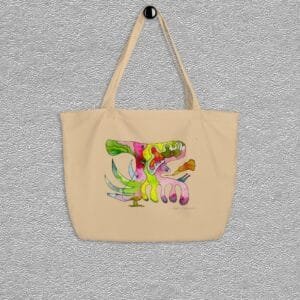 Oyster Organic certified cotton totebag, abstract intertwined characters aquarelle painting by Marijke Ali, T-fins
