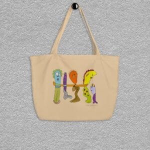 Oyster Organic certified cotton totebag, abstract characters aquarelle painting by Marijke Ali, T-finss