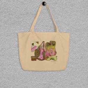 Oyster Organic certified cotton totebag, abstract pink/green characters aquarelle painting by Marijke Ali, T-fins