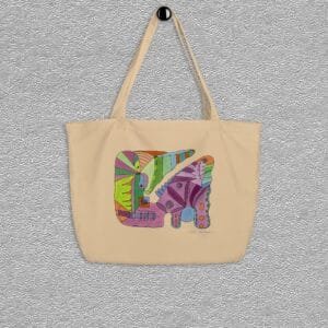 Oyster Organic certified cotton totebag, abstract pink/green crocodile like aquarelle painting by Marijke Ali, T-fins