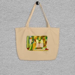 Organic certified cotton totebag, large size, colour oyster, open main compartment, wide dual straps, design aquarelle painting by Marijke Ali, t-fins