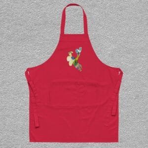 Red Organic cotton apron, abstract aquarelle of an imaginative person by Marijke Ali, T-fins