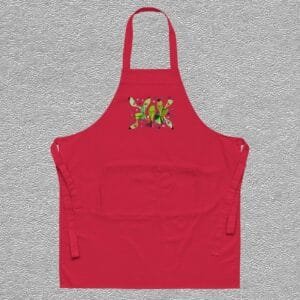 Organic cotton apron, colour red, front design aquarelle painting by Marijke Ali, t-fins