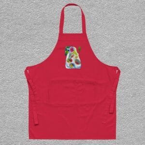 Organic cotton apron, colour red, front design aquarelle painting by Marijke Ali, t-fins