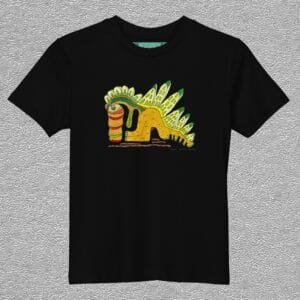 organic cotton kids t-shirt, colour black, front design aquarelle painting by Marijke Ali, t-fins