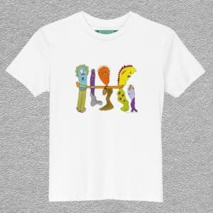 organic cotton kids t-shirt, colour white, front design aquarelle painting by Marijke Ali, t-fins