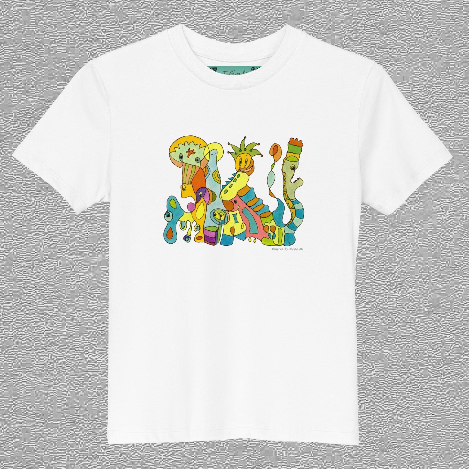 organic cotton kids t-shirt, colour white, front design aquarelle painting by Marijke Ali, t-fins