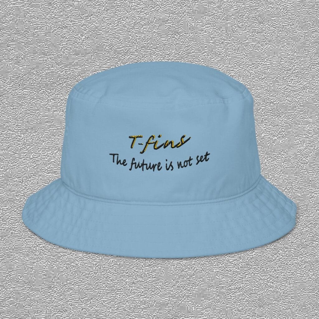 organic bucket hat bio slate blue front t-fins the future is not set