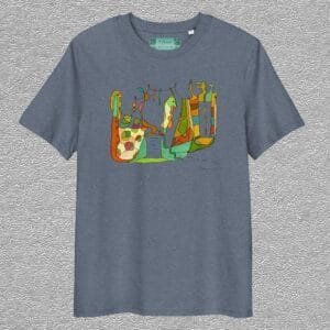 unisex organic cotton t-shirt dark heather blue front design by marijke ali t-fins