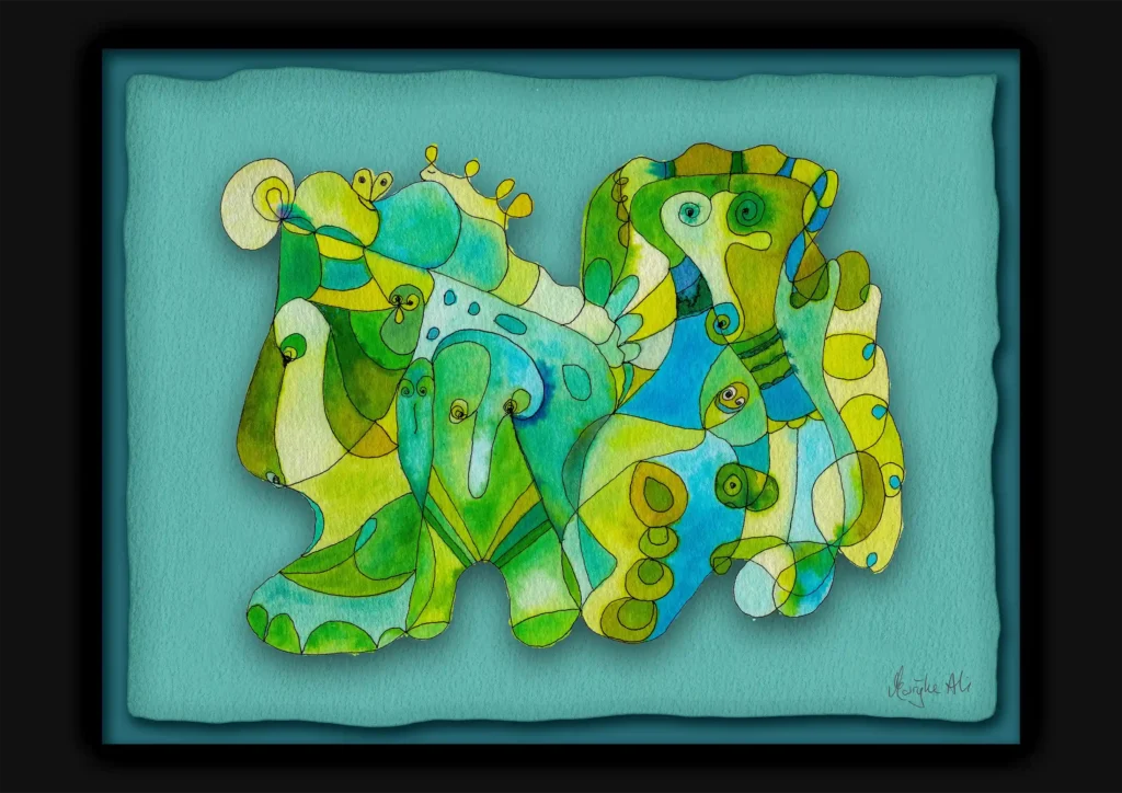 Giclée print of imaginary characters painting with watercolour inks, Ilford cotton textured paper, sizes A5, A4, A3, A2, A1, painting by Marijke Ali, t-fins