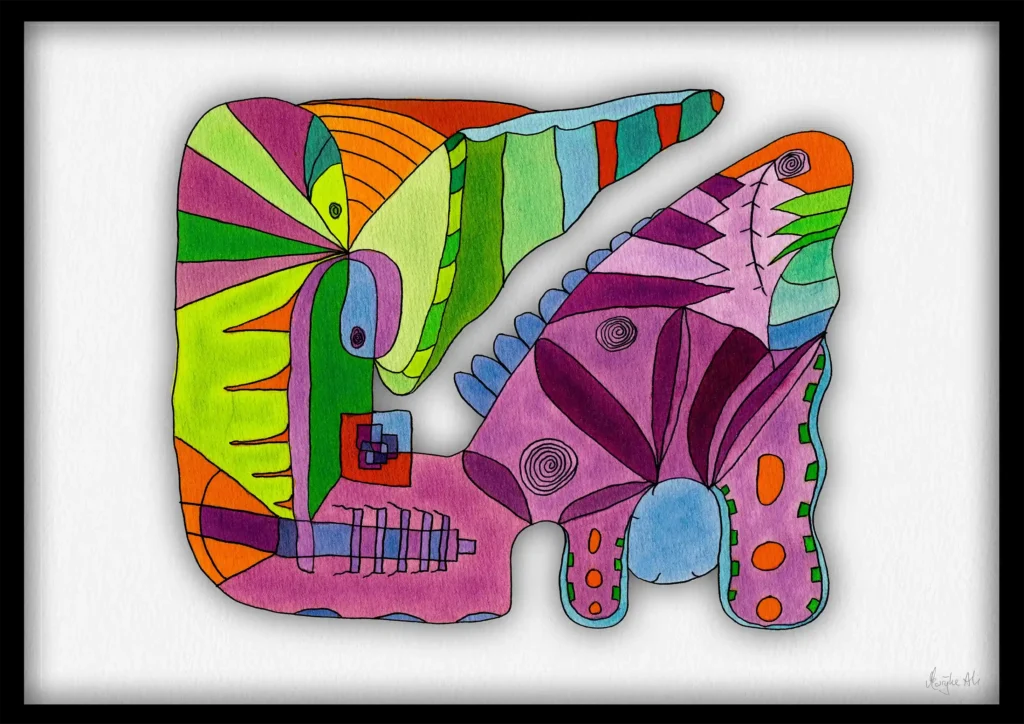 Giclée print of imaginary characters painting with watercolour inks, Ilford cotton textured paper, sizes A5, A4, A3, A2, A1, painting by Marijke Ali, t-fins