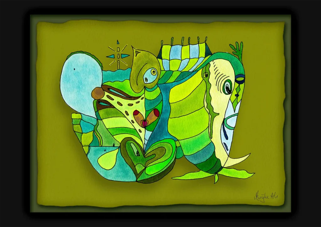 Giclée print of imaginary characters painting with watercolour inks, Ilford cotton textured paper, sizes A5, A4, A3, A2, A1, painting by Marijke Ali, t-fins