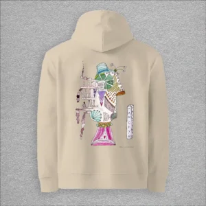 Unisex, essential eco hoodie, colour desert dust, back design aquarelle painting by Marijke Ali, t-fins