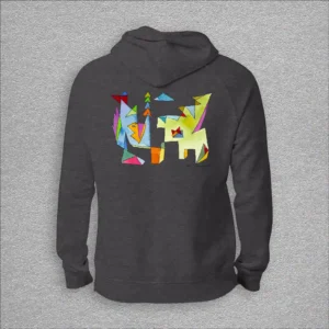 Unisex, eco raglan hoodie, colour charcoal melange, back design aquarelle painting by Marijke Ali, t-fins