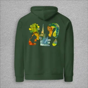 Unisex, eco raglan hoodie, colour bottle green, back design aquarelle painting by Marijke Ali, t-fins