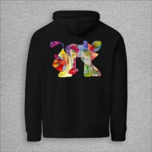 Unisex, eco raglan hoodie, colour black, back design aquarelle painting by Marijke Ali, t-fins