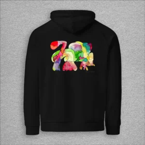 Unisex, eco raglan hoodie, colour black, back design aquarelle painting by Marijke Ali, t-fins