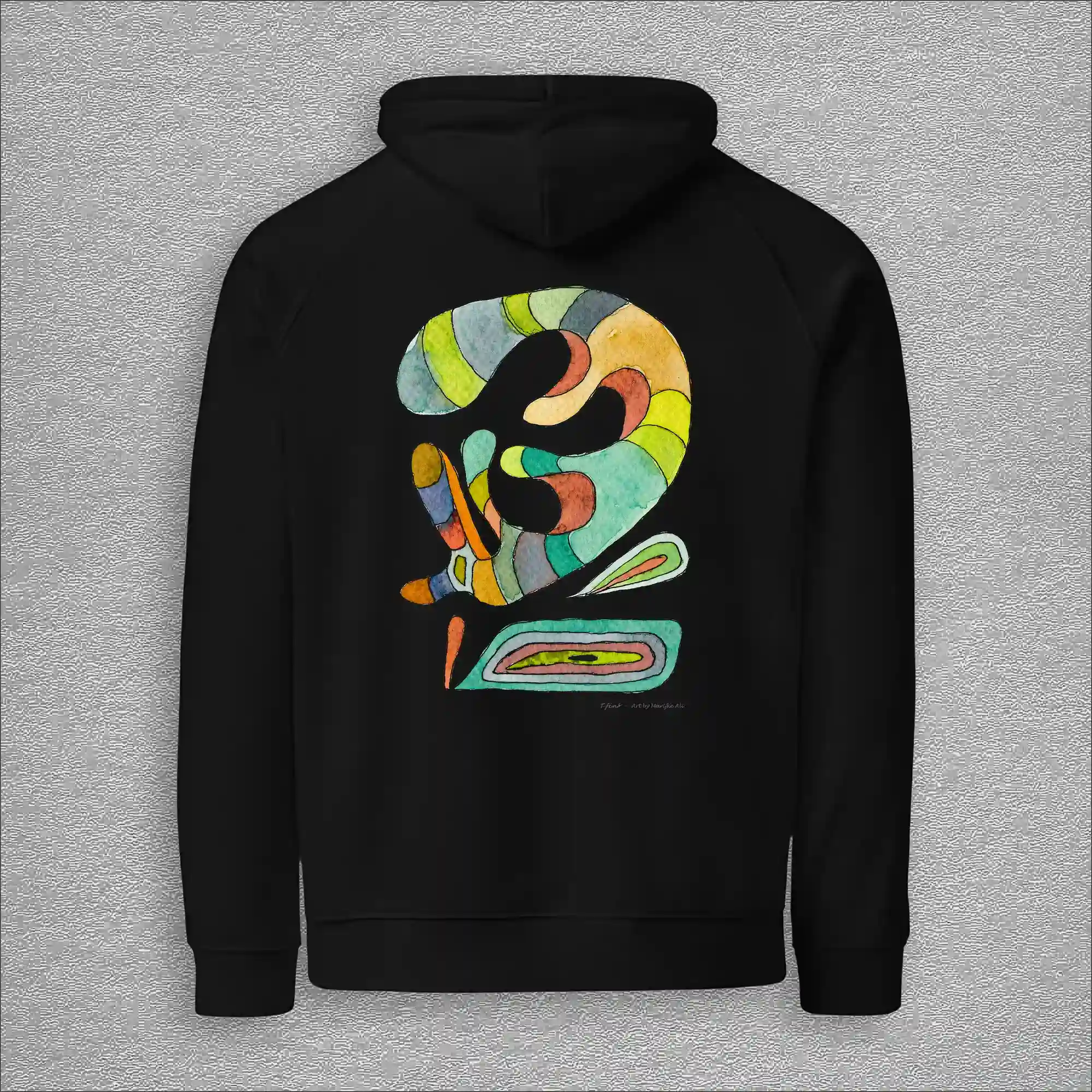 Unisex, eco raglan hoodie, colour black, back design aquarelle painting by Marijke Ali, t-fins