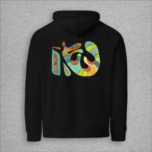 Unisex, eco raglan hoodie, colour black, back design aquarelle painting by Marijke Ali, t-fins