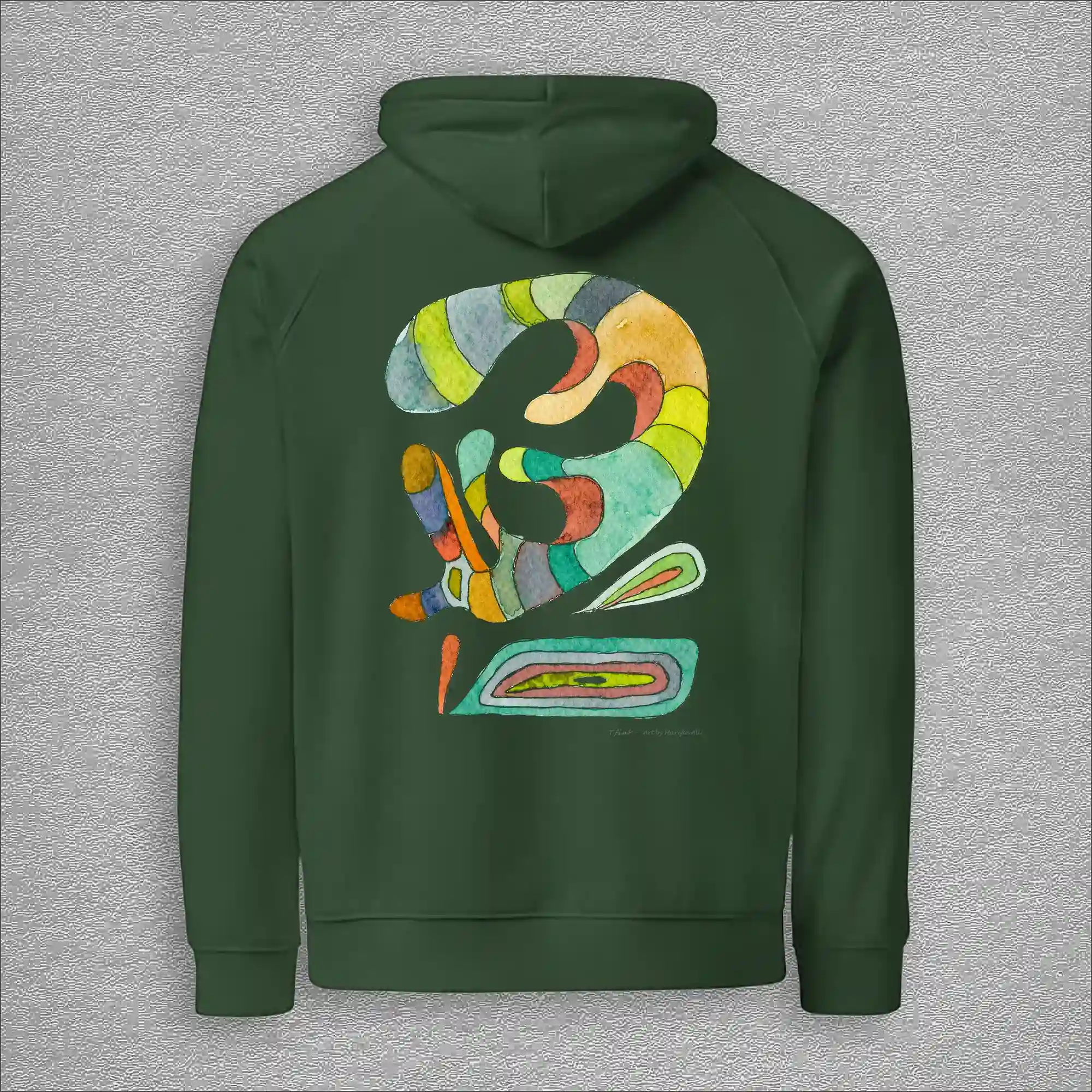 Unisex, eco raglan hoodie, colour bottle green, back design aquarelle painting by Marijke Ali, t-fins