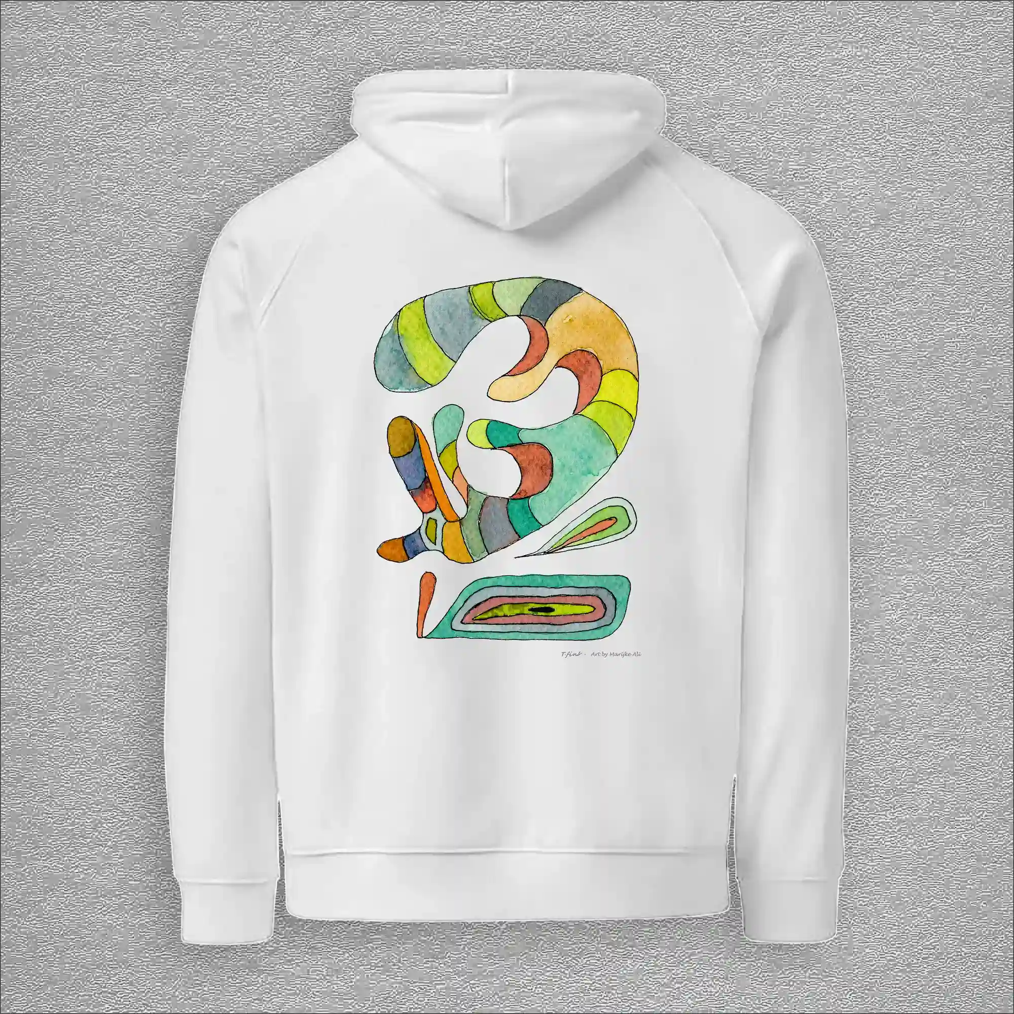 Unisex, eco raglan hoodie, colour white, back design aquarelle painting by Marijke Ali, t-fins