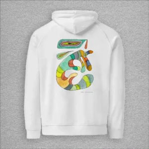 Unisex, eco raglan hoodie, colour white, back design aquarelle painting by Marijke Ali, t-fins