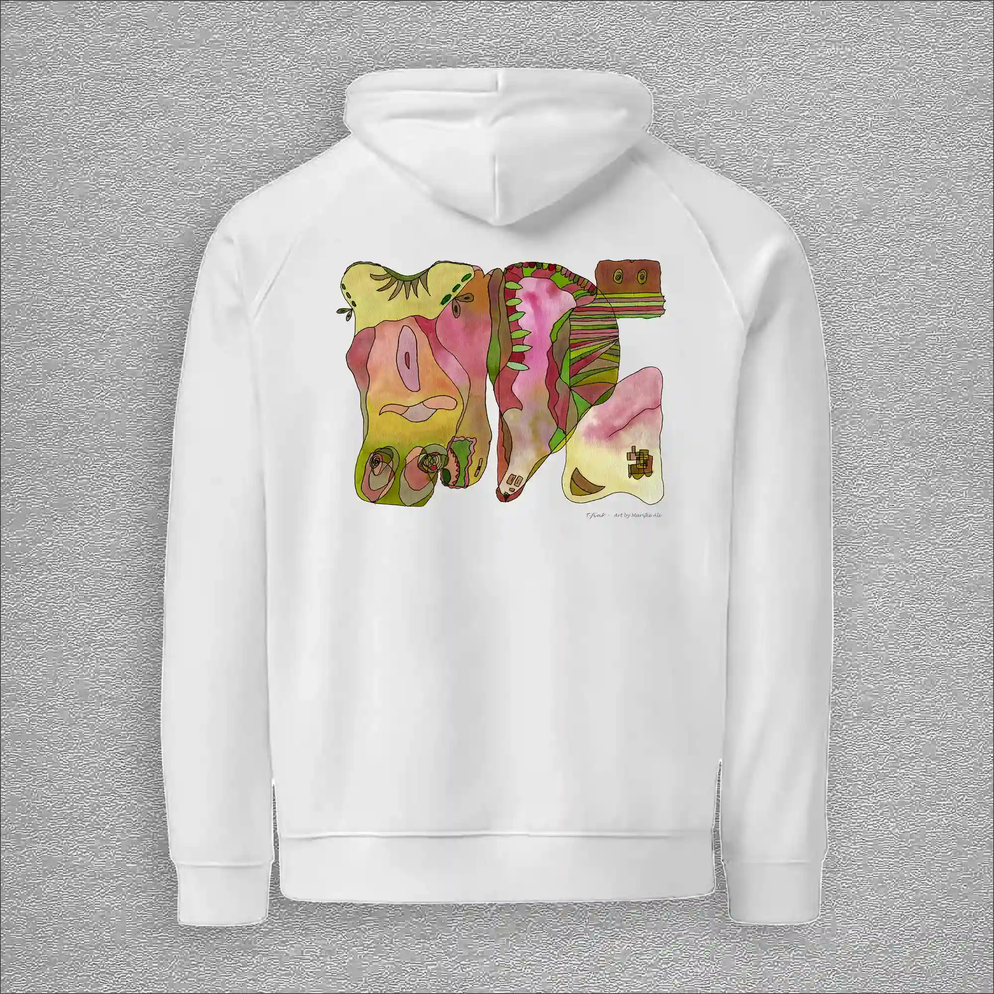 Unisex, eco raglan hoodie, colour white, back design aquarelle painting by Marijke Ali, t-fins