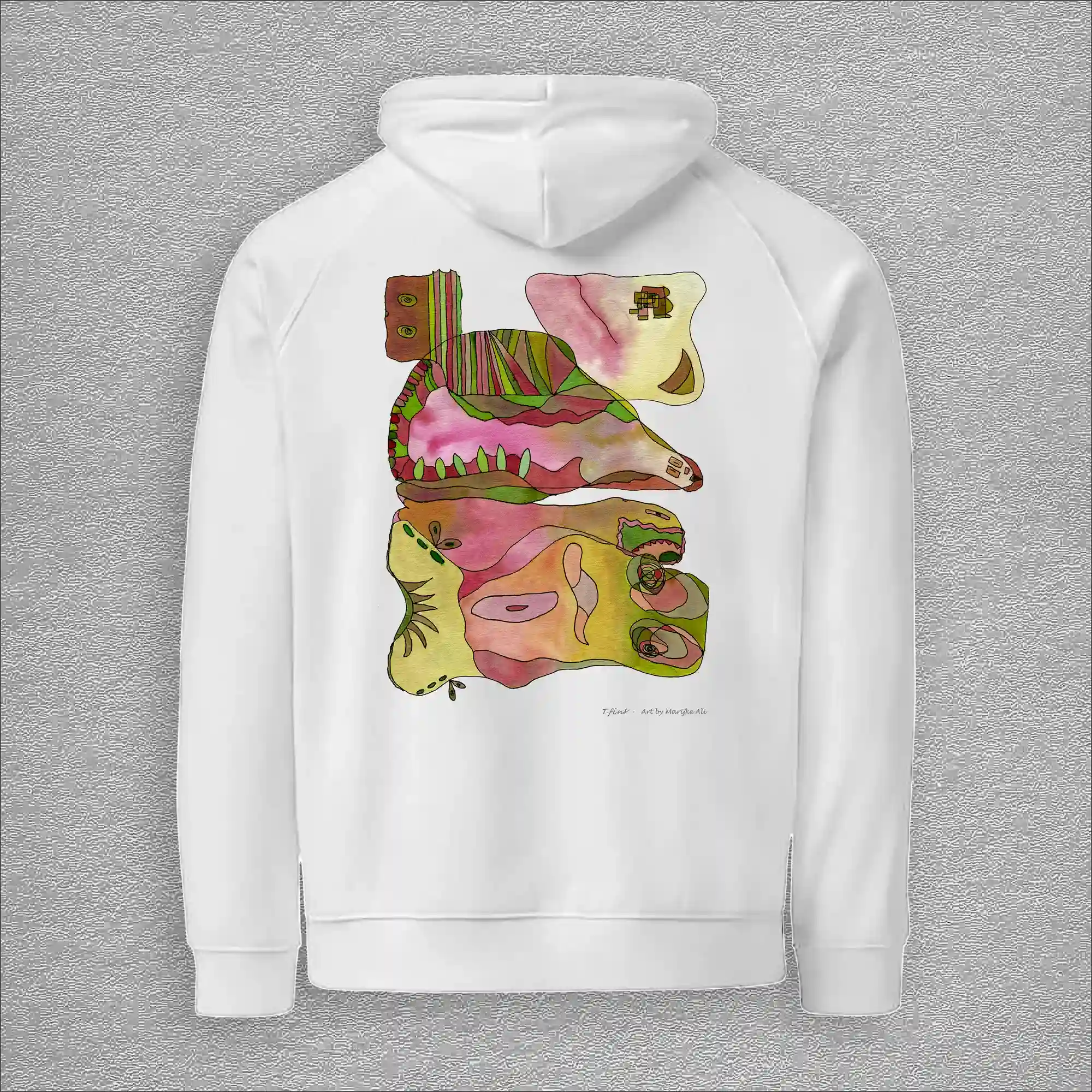 Unisex, eco raglan hoodie, colour white, back design aquarelle painting by Marijke Ali, t-fins