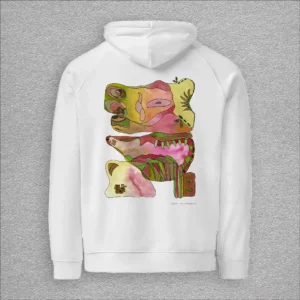 Unisex, eco raglan hoodie, colour white, back design aquarelle painting by Marijke Ali, t-fins