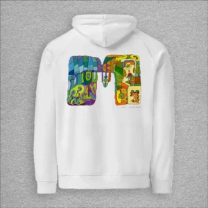 Unisex, eco raglan hoodie, colour white, back design aquarelle painting by Marijke Ali, t-fins