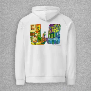 Unisex, eco raglan hoodie, colour white, back design aquarelle painting by Marijke Ali, t-fins