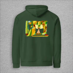 Unisex, eco raglan hoodie, colour bottle green, back design aquarelle painting by Marijke Ali, t-fins