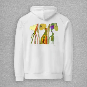 Unisex, eco raglan hoodie, colour white, back design aquarelle painting by Marijke Ali, t-fins