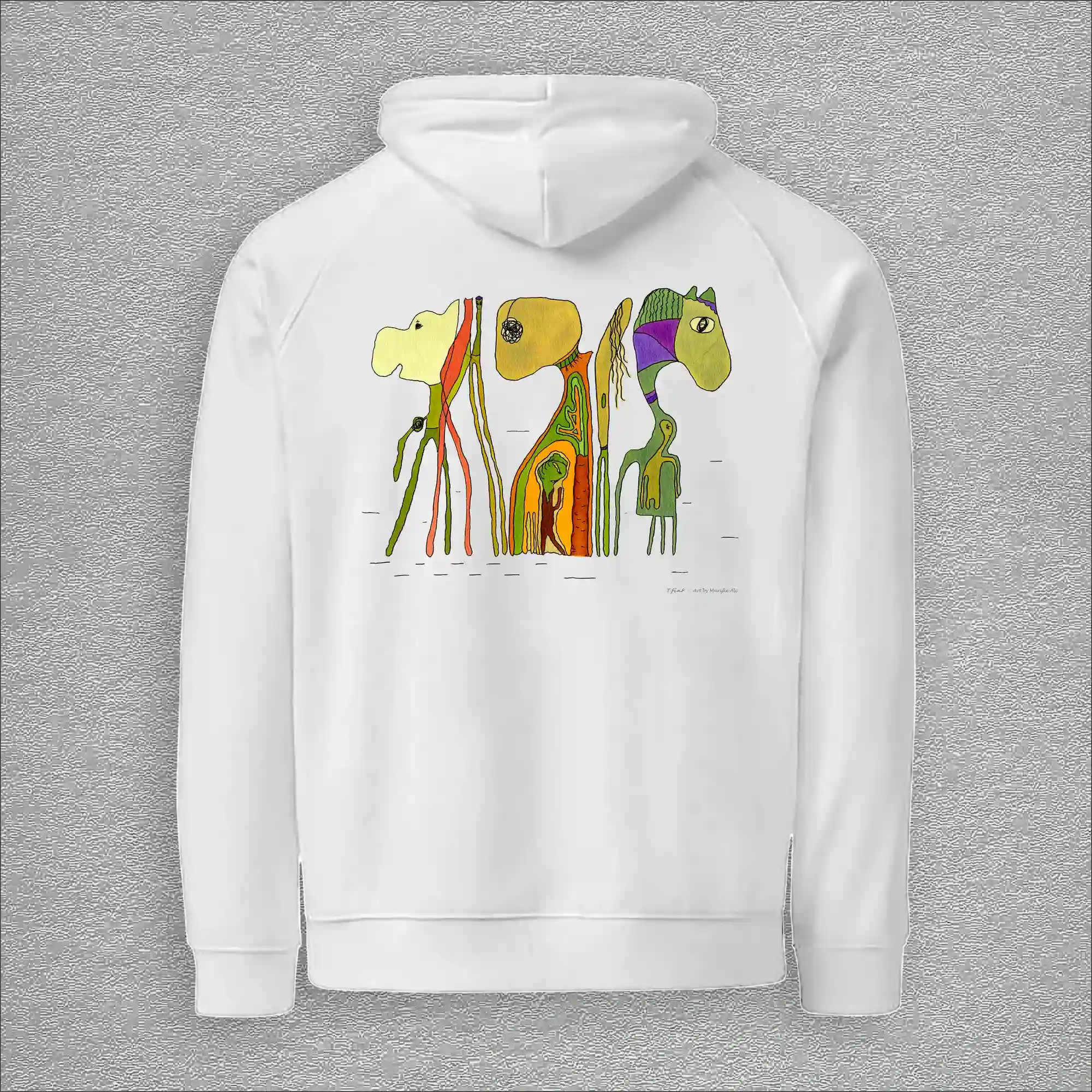 Unisex, eco raglan hoodie, colour white, back design aquarelle painting by Marijke Ali, t-fins