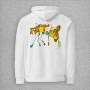 Unisex, eco raglan hoodie, colour white, back design aquarelle painting by Marijke Ali, t-fins