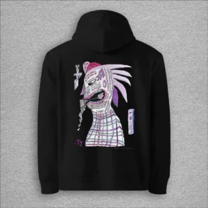 Unisex, essential eco hoodie, colour black, back design aquarelle painting by Marijke Ali, t-fins