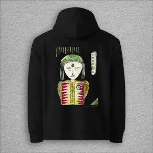 Unisex, essential eco hoodie, colour black, back design aquarelle painting by Marijke Ali, t-fins